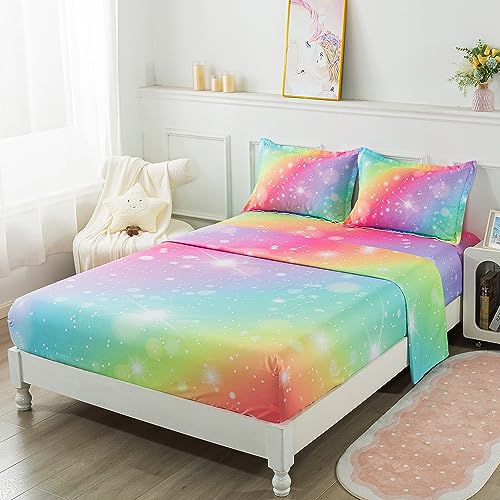 ADASMILE A & S Rainbow Fitted Sheet for Girls 4 Pieces Rainbow Sheets Full for Kids Tie Dye Pastel Glitter Rainbow Bed Sheet for Kids Teens Girls Rainbow Bedding for Girls Sheets with Sparkling Star