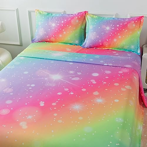 ADASMILE A & S Rainbow Fitted Sheet for Girls 4 Pieces Rainbow Sheets Full for Kids Tie Dye Pastel Glitter Rainbow Bed Sheet for Kids Teens Girls Rainbow Bedding for Girls Sheets with Sparkling Star