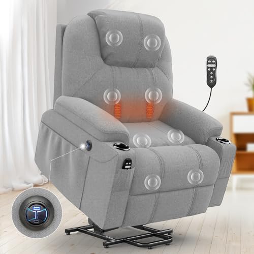 YONISEE Large Lift Chairs Recliner for Elderly - Power Lift Chair Modern with Massage and Heat, Infinite Position, Extended Footrest, USB & Tape C Ports and Cup Holders, Classic Grey