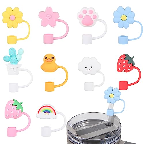 TGML Silicone Straw Cover for Stanley Cup 10 Pcs, 10mm Reusable Straw Tips Dust-Proof Stanley Accessories, Straw Topper Compatible with Stanley 30 oz & 40 oz Tumbler with Handle (10mm Cute Cover)