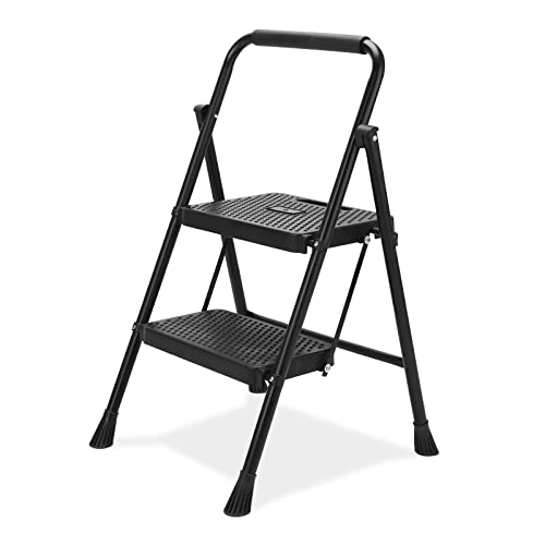 BOWEITI 2 Step Ladder, Portable Folding Step Stool with Wide Anti-Slip Pedal, Lightweight Sturdy Steel Ladder with Handrails,Large Capacity Ladder for Home Kitchen Library Office