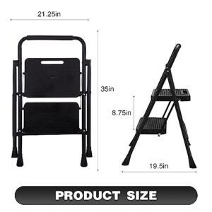 BOWEITI 2 Step Ladder, Portable Folding Step Stool with Wide Anti-Slip Pedal, Lightweight Sturdy Steel Ladder with Handrails,Large Capacity Ladder for Home Kitchen Library Office