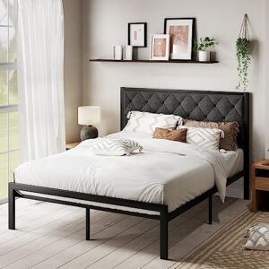 muticor stylish queen size bed frame with tufted headboard, soft padded design，sturdy metal slats, 11.8" under bed storage,no box spring needed, easy assembly,dark grey