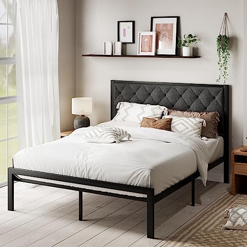 MUTICOR Stylish Queen Size Bed Frame with Tufted Headboard, Soft Padded Design，Sturdy Metal Slats, 11.8" Under Bed Storage,No Box Spring Needed, Easy Assembly,Dark Grey