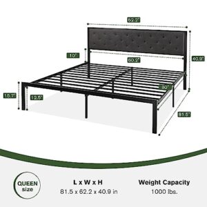 MUTICOR Stylish Queen Size Bed Frame with Tufted Headboard, Soft Padded Design，Sturdy Metal Slats, 11.8" Under Bed Storage,No Box Spring Needed, Easy Assembly,Dark Grey