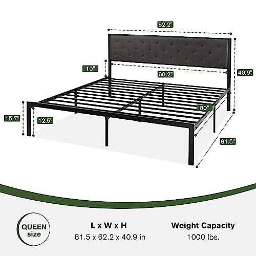 MUTICOR Stylish Queen Size Bed Frame with Tufted Headboard, Soft Padded Design，Sturdy Metal Slats, 11.8" Under Bed Storage,No Box Spring Needed, Easy Assembly,Dark Grey