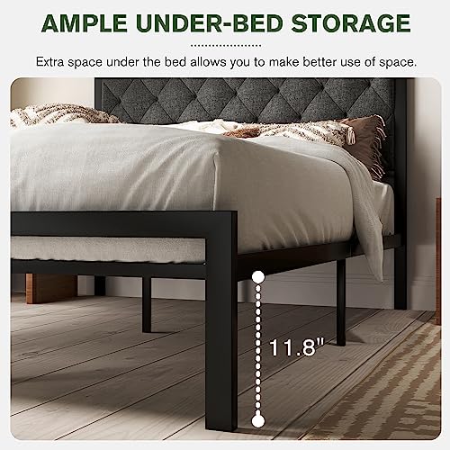 MUTICOR Stylish Queen Size Bed Frame with Tufted Headboard, Soft Padded Design，Sturdy Metal Slats, 11.8" Under Bed Storage,No Box Spring Needed, Easy Assembly,Dark Grey