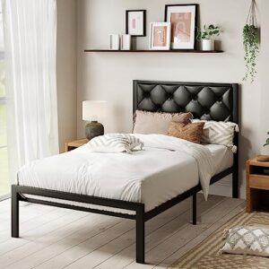 muticor stylish twin size bed frame with faux leather upholstered button tufted headboard, sturdy metal slats, 11.8" under bed storage,no box spring needed, easy assembly,black
