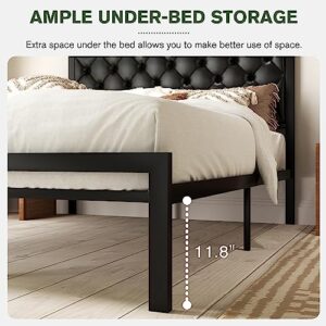 MUTICOR Stylish Twin Size Bed Frame with Faux Leather Upholstered Button Tufted Headboard, Sturdy Metal Slats, 11.8" Under Bed Storage,No Box Spring Needed, Easy Assembly,Black