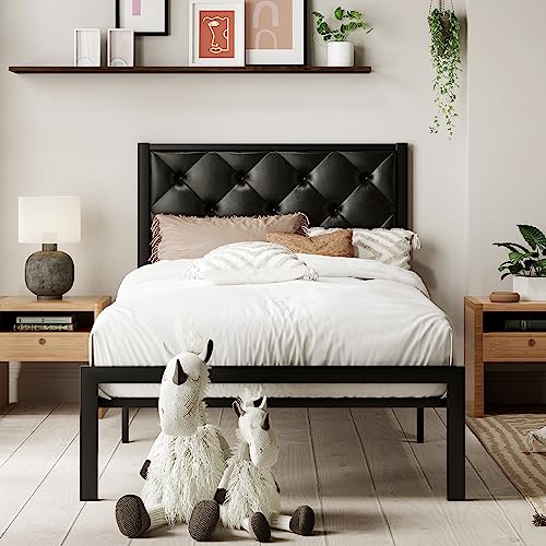 MUTICOR Stylish Twin Size Bed Frame with Faux Leather Upholstered Button Tufted Headboard, Sturdy Metal Slats, 11.8" Under Bed Storage,No Box Spring Needed, Easy Assembly,Black