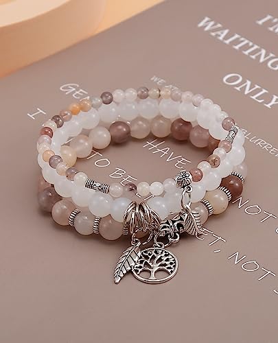 COLOYAN Tree of Life Bracelets for Women - Reiki Healing Stone Bracelets Semi-Precious Gemstone Beaded Bracelets Beach Charm Stretch Bracelet Set Ocean Jewelry