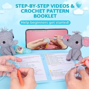 Crochetta Crochet Kit for Beginners, Beginner Crochet Starter Kit with Step-by-Step Video Tutorials, Learn to Crochet Kits for Adults Kids, DIY Knitting Supplies, 2 Pack Elephant Family (40%+ Yarn)