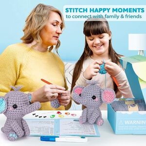 Crochetta Crochet Kit for Beginners, Beginner Crochet Starter Kit with Step-by-Step Video Tutorials, Learn to Crochet Kits for Adults Kids, DIY Knitting Supplies, 2 Pack Elephant Family (40%+ Yarn)