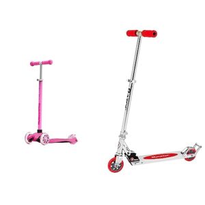 swagtron k5 3-wheel kids scooter with light-up wheels | quick assembly | astm-certified | height-adjustable for boys or girls ages 3+ (pink) & razor aw kick scooter - red - ffp