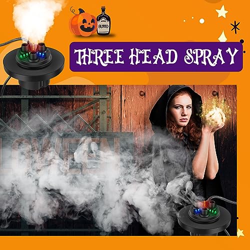 Uiifan Halloween Three Head Mist Maker Larger Fogger 12 LED Color Changing Indoor Outdoor Fogger Air Humidifier for Halloween Party Decorations Water Fountain Pond Aquarium Rockery Fish Tank