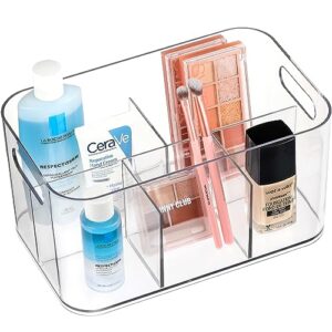 5-compartment clear plastic bin - divided cosmetic makeup caddy organizer - multiuse storage container for vanity, bathroom, kitchen, pantry, office, craft, utensil, shower, cleaning items, (1 pack)