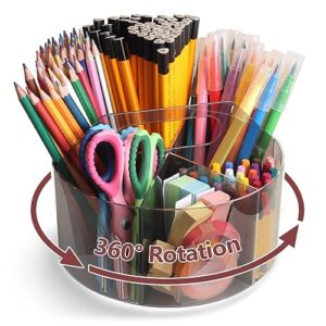 acrylic pen holder crayon organizer for kids, 6 slots arts and crafts organizer marker caddy organizer for classroom, 360 rotating acrylic pencil holder art supplies storage for school office grey