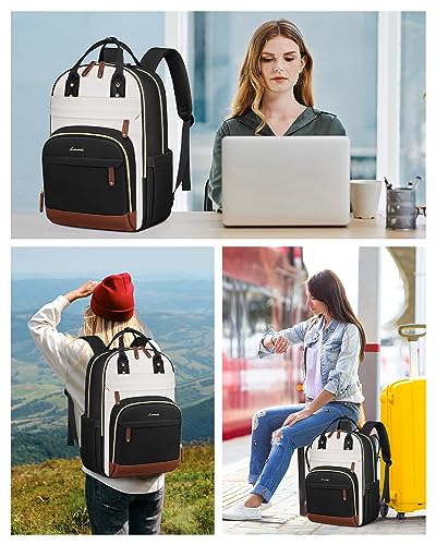 LOVEVOOK Laptop Backpack for Women, 15.6 Inch Travel Anti-theft Laptop Bag, Fashion Work Business Backpacks Purse, Warterproof College Teacher Nurse Computer Professor Daypack, Beige-Black-Brown