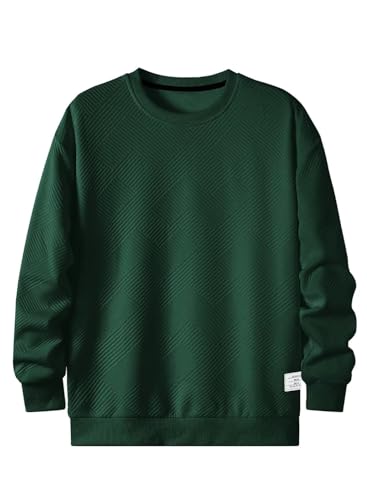 Dokotoo Men Mens Solid Color Crewneck Sweatshirt Lightweight Geometric Texture Long Sleeve Casual Pullover Sweatshirts Green Medium