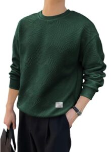 dokotoo men mens solid color crewneck sweatshirt lightweight geometric texture long sleeve casual pullover sweatshirts green medium