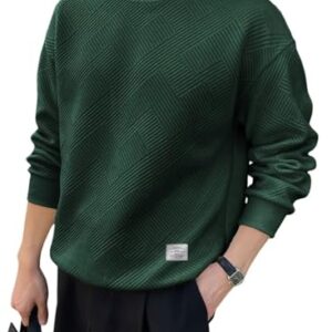 Dokotoo Men Mens Solid Color Crewneck Sweatshirt Lightweight Geometric Texture Long Sleeve Casual Pullover Sweatshirts Green Medium