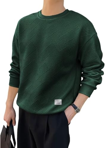 Dokotoo Men Mens Solid Color Crewneck Sweatshirt Lightweight Geometric Texture Long Sleeve Casual Pullover Sweatshirts Green Medium