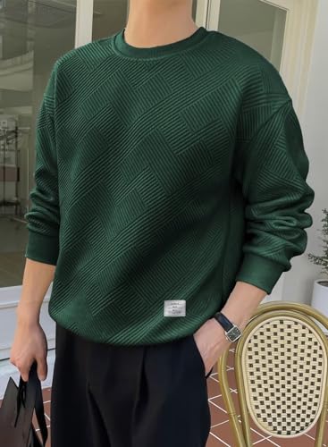 Dokotoo Men Mens Solid Color Crewneck Sweatshirt Lightweight Geometric Texture Long Sleeve Casual Pullover Sweatshirts Green Medium