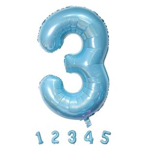 3rd Birthday Number Balloons for Kids, 40 Inch Foil Number 3 Balloons, Pastel Blue Large Self Inflating Number Balloons for Boys Men 30th Birthday Party Anniversary Party Decoration Supplies