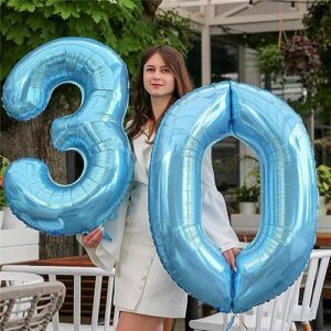 3rd Birthday Number Balloons for Kids, 40 Inch Foil Number 3 Balloons, Pastel Blue Large Self Inflating Number Balloons for Boys Men 30th Birthday Party Anniversary Party Decoration Supplies