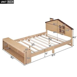 Ayvbir Full Size Platform Bed Frame with LED Lights and Storage, House Bed for Kids Bed Wood Platform Bed,Natural Bed Platform