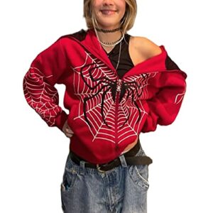 women men gothic graphic printed hoodies y2k zip up jacket oversized casual grunge streetwear (b red spider web, s)