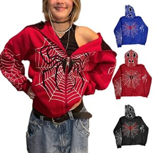 Women Men Gothic Graphic Printed Hoodies Y2K Zip Up Jacket Oversized Casual Grunge Streetwear (B Red Spider Web, S)