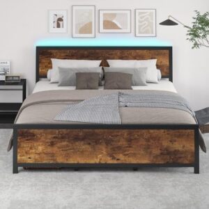 dogibixo queen size bed frame with wooden headboard & footboard, rustic platform metal bed frame with led lights, no box spring needed, metal slats support, easy assembly, brown