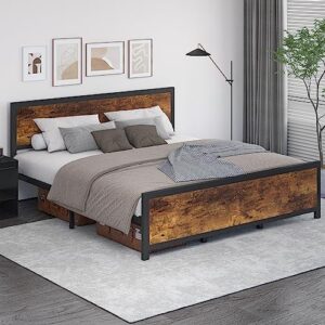 DOGIBIXO Queen Size Bed Frame with Wooden Headboard & Footboard, Rustic Platform Metal Bed Frame with LED Lights, No Box Spring Needed, Metal Slats Support, Easy Assembly, Brown