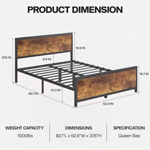 DOGIBIXO Queen Size Bed Frame with Wooden Headboard & Footboard, Rustic Platform Metal Bed Frame with LED Lights, No Box Spring Needed, Metal Slats Support, Easy Assembly, Brown