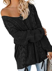 evaless womens sweater 2023 fashion trendy fall oversized off shoulder cable knit v neck knit chunky plus size sweater long sleeve crewneck winter loose tops clothes,black xl