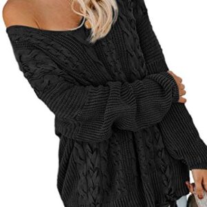 EVALESS Womens Sweater 2023 Fashion Trendy Fall Oversized Off Shoulder Cable Knit V Neck Knit Chunky Plus Size Sweater Long Sleeve Crewneck Winter Loose Tops Clothes,Black XL