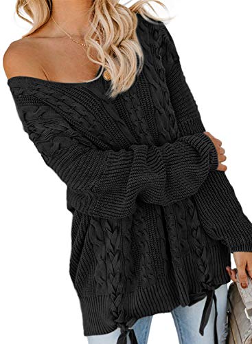 EVALESS Womens Sweater 2023 Fashion Trendy Fall Oversized Off Shoulder Cable Knit V Neck Knit Chunky Plus Size Sweater Long Sleeve Crewneck Winter Loose Tops Clothes,Black XL