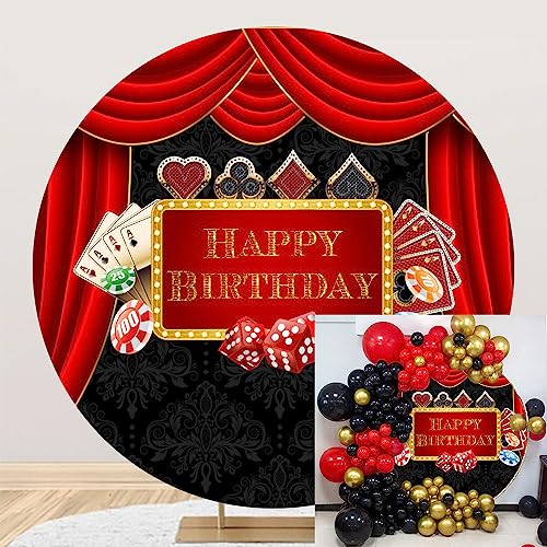 AWERT Polyester Diameter 3ft Happy Birthday Round Backdrop Casino Themed Dice Poker Chips Red Curtain Photography Background 1st Birthday Party Decoration Supplies Photo Studio Props