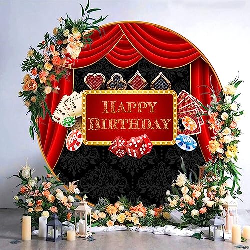 AWERT Polyester Diameter 3ft Happy Birthday Round Backdrop Casino Themed Dice Poker Chips Red Curtain Photography Background 1st Birthday Party Decoration Supplies Photo Studio Props