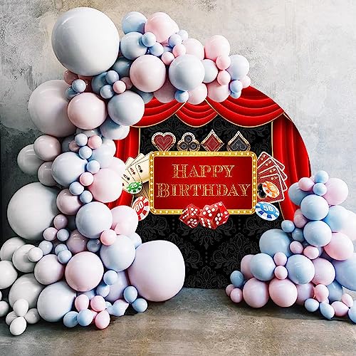 AWERT Polyester Diameter 3ft Happy Birthday Round Backdrop Casino Themed Dice Poker Chips Red Curtain Photography Background 1st Birthday Party Decoration Supplies Photo Studio Props