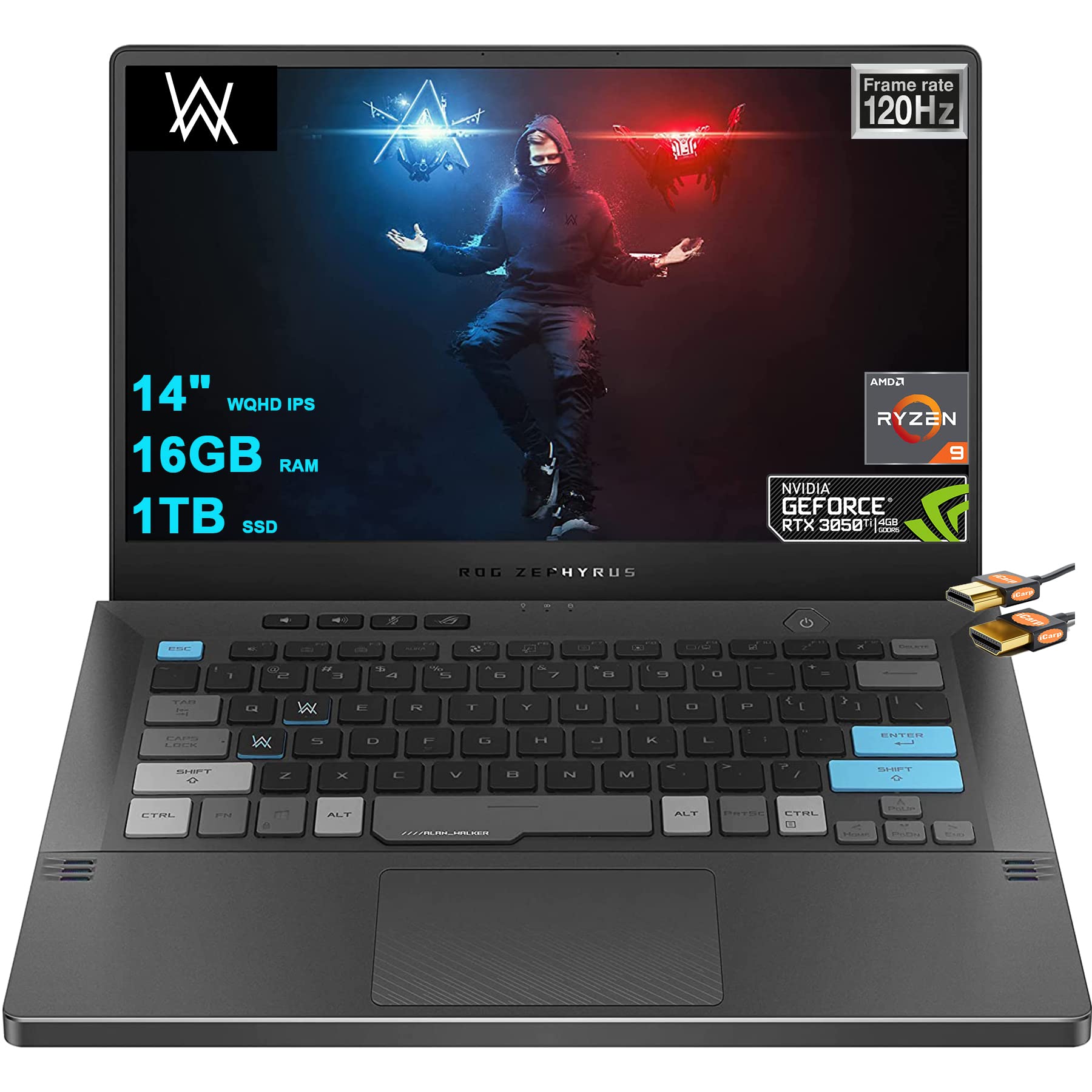 ASUS ROG Zephyrus G14 Alan Walker Special Edition Gaming Laptop 14" WQHD 120Hz IPS AMD 8-Core Ryzen 9 5900HS (Beat i7-10370H) 16GB RAM 1TB SSD GeForce RTX 3050 Ti 4GB Backlit USB-C Win10 + HDMI Cable