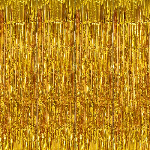 4 Pack 3.2x8.2ft Gold Tinsel Curtain Party Backdrop - Choonshow Foil Fringe Curtain Gold Party Decor Streamers for Birthday Baby Shower Bachelorette Euphoria Theme Party Decorations