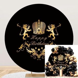 awert polyester diameter 3ft round black and gold lion crown backdrop for man birthday party golden beast floral pattern photography background king prince birthday party decoration supplies