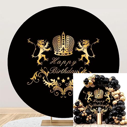 AWERT Polyester Diameter 3ft Round Black and Gold Lion Crown Backdrop for Man Birthday Party Golden Beast Floral Pattern Photography Background King Prince Birthday Party Decoration Supplies