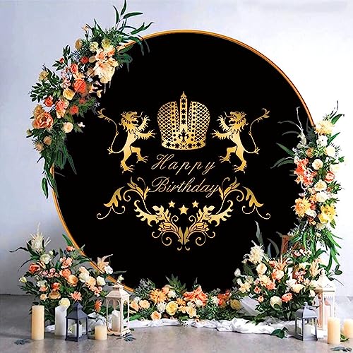 AWERT Polyester Diameter 3ft Round Black and Gold Lion Crown Backdrop for Man Birthday Party Golden Beast Floral Pattern Photography Background King Prince Birthday Party Decoration Supplies