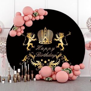 AWERT Polyester Diameter 3ft Round Black and Gold Lion Crown Backdrop for Man Birthday Party Golden Beast Floral Pattern Photography Background King Prince Birthday Party Decoration Supplies