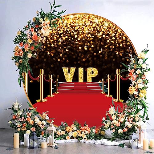 AWERT Polyester Diameter 6.5ft Round VIP Red Carpet Backdrop Award Ceremony Event Black Gold Glowing Polka Dot Photography Background Birthday Party Theme Party Baby Shower Decoration Props