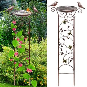 yalinka bird bath bowl with garden trellis outdoor, 2 in 1 vintage decorative birdbaths bowl for climbing plants, freestanding garden plant support with detachable iron bowl for patio yard lawn (a)