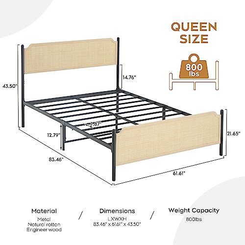 Brafab Natural Rattan Metal Bed Frame Queen Size with Wooden Headboard/Footboard, Modern Style Cane Boho Bed Frames with Heavy Duty Sturdy Steel Slat Support Bedframe, No Box Spring Needed